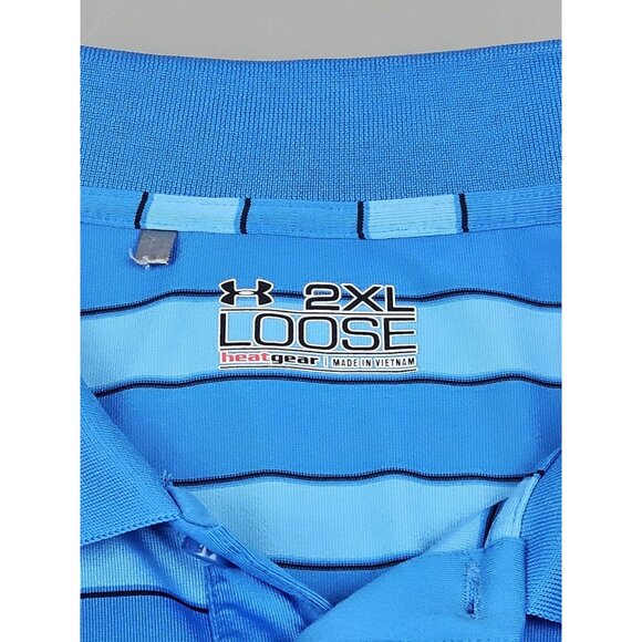Under Armour Golf Polo Shirt Mens 2XL Heat Gear Striped‎ Blue Loose Fit Stretch. - Picture 2 of 8